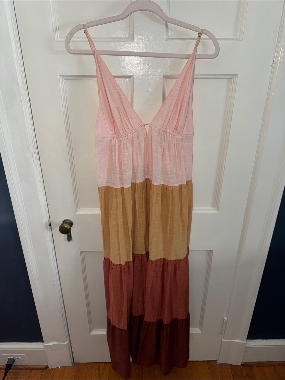 Anthropologie Pink, Tan and Brown Tiered Maxi Sundress